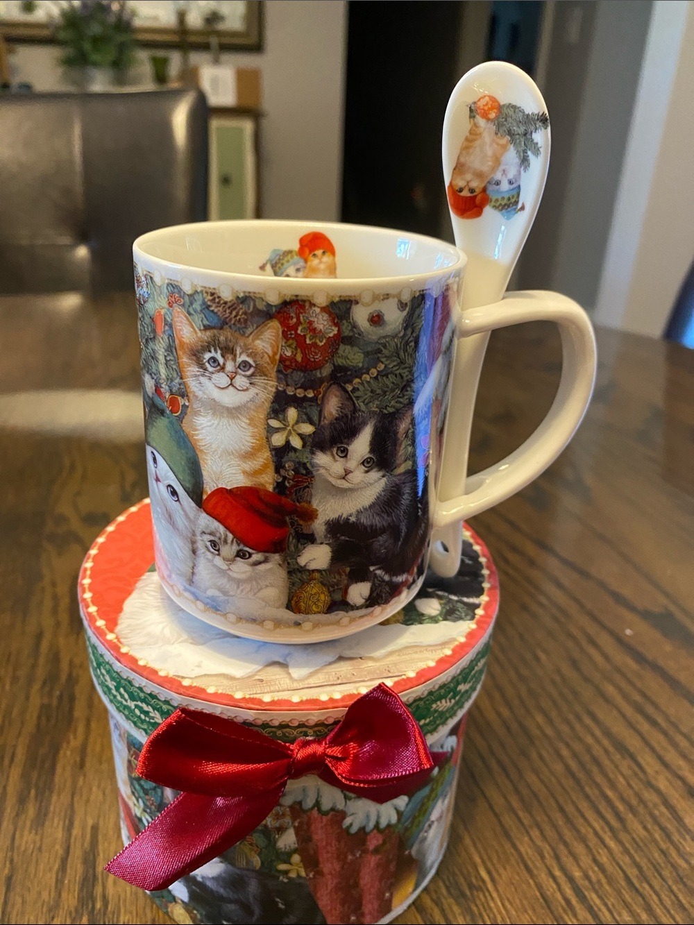 Christmas Cats Mug with spoon, and with its box.
